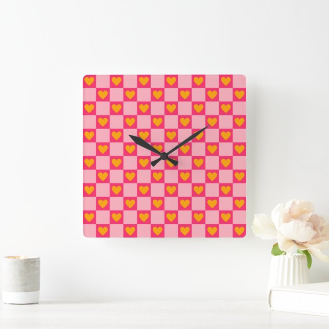 Pink Red Yellow Heart Love Checkered Y2K Pattern Square Wall Clock (Home)