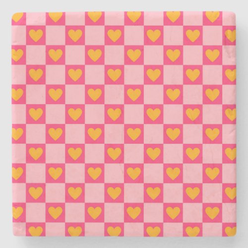 Pink Red Yellow Heart Love Checkered Y2K Pattern Stone Coaster