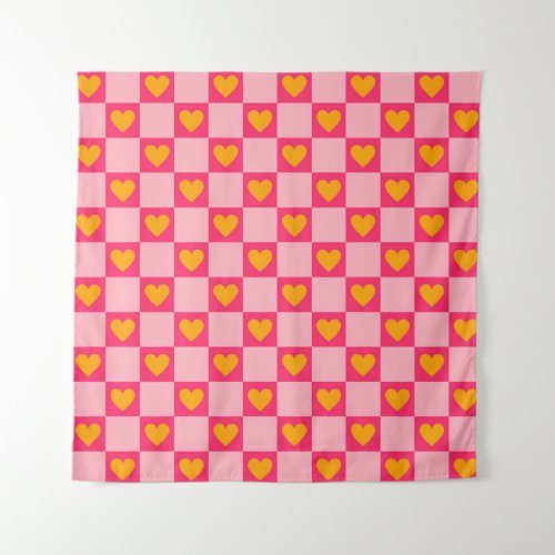 Pink Red Yellow Heart Love Checkered Y2K Pattern Tapestry