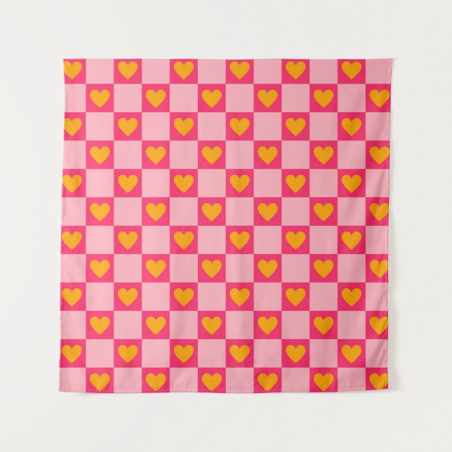 Pink Red Yellow Heart Love Checkered Y2K Pattern Tapestry (Front)