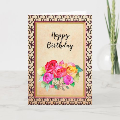 Pink Red Yellow Roses Birthday Card