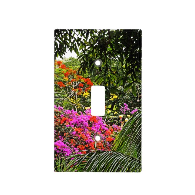 PINK, RED & YELLOW TROPICAL FLOWERS & GREEN PALMS LIGHT SWITCH COVER (Front)