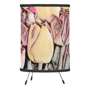 Pink Red Yellow Tulips Retro Drawing Tripod Lamp