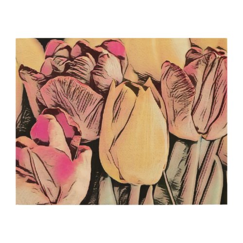 Pink Red Yellow Tulips Retro Drawing   Wood Wall Art