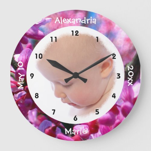 Pink Redbud Blossoms in Bloom Baby Girl Photo Large Clock