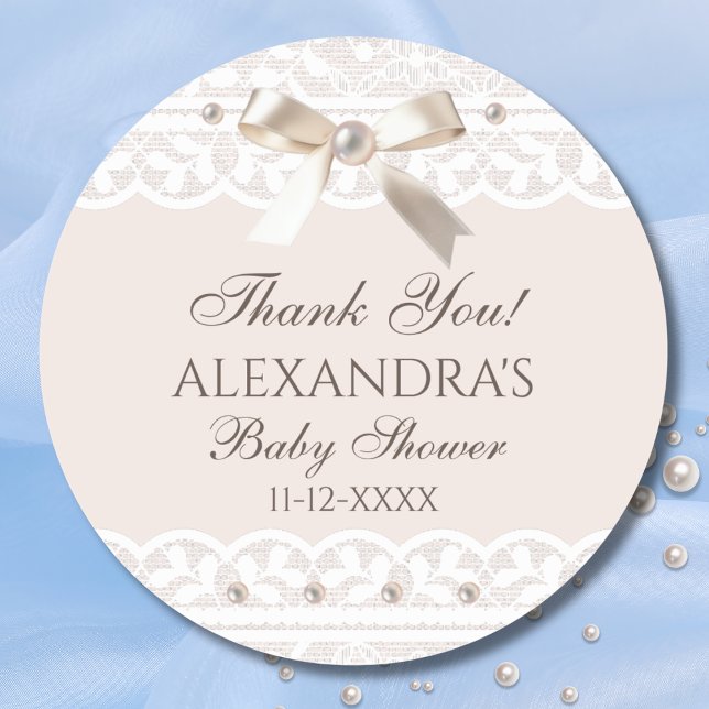 Pink Regency Lace Bow Baby Shower Thank You Classic Round Sticker (Creator Uploaded)