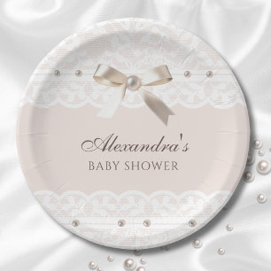 Pink Regency Pearl Satin Bow Lace Baby Shower Paper Plates