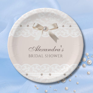 Pink Regency Satin Bow Lace Bridal Shower Paper Plates