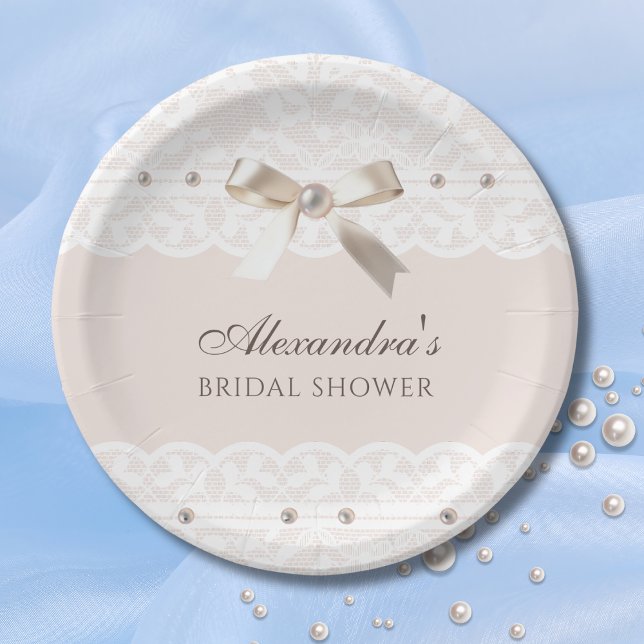 Pink Regency Satin Bow Lace Bridal Shower Paper Plates (Creator Uploaded)