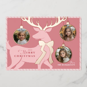 Pink Reindeer 3 Photos Rose Gold Foil Holiday Card