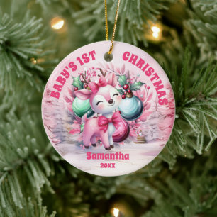 Pink Reindeer Baby 1st Christmas Photo Ornament