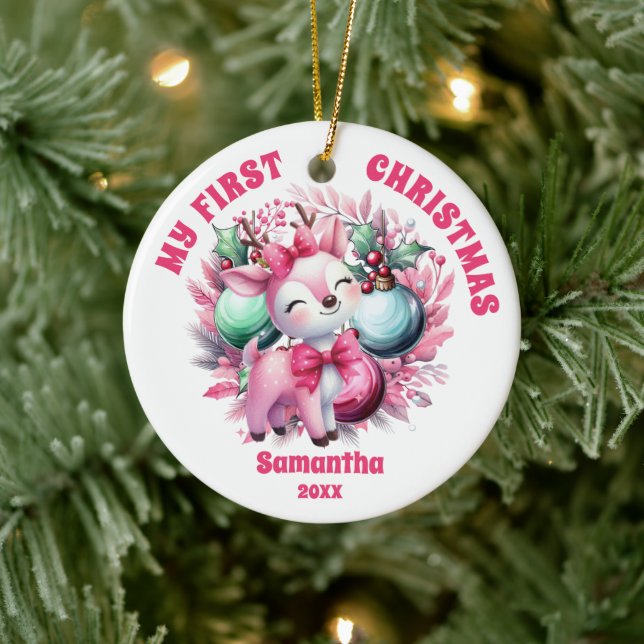 Pink Reindeer Baby's First Christmas Ornament (Tree)