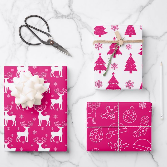 Pink Reindeer, Christmas Tree and Holiday Pattern Wrapping Paper Sheets (Front)