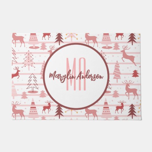 PINK REINDEER  CHRISTMAS TREES CUSTOM MONOGRAM DOORMAT