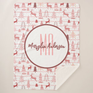 PINK REINDEER & CHRISTMAS TREES CUSTOM MONOGRAM SHERPA BLANKET