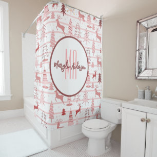 PINK REINDEER & CHRISTMAS TREES CUSTOM MONOGRAM SHOWER CURTAIN