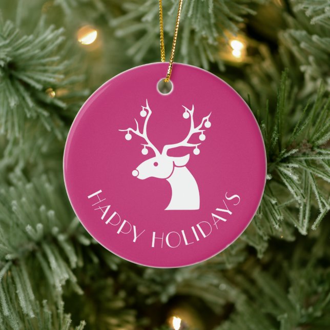 Pink Reindeer HAPPY HOLIDAYS Personalized Name Ceramic Ornament (Tree)