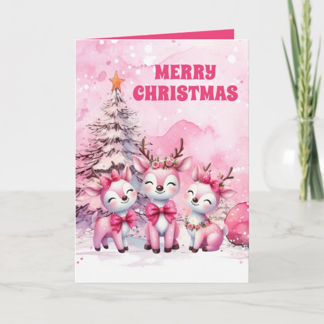 Pink Reindeer Merry Christmas Greeting Card (Front)