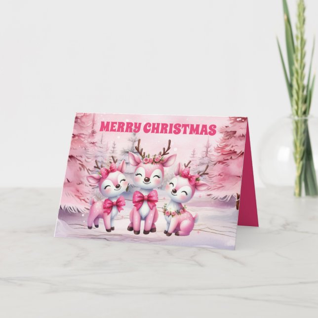 Pink Reindeer Merry Christmas Holiday Card (Front)