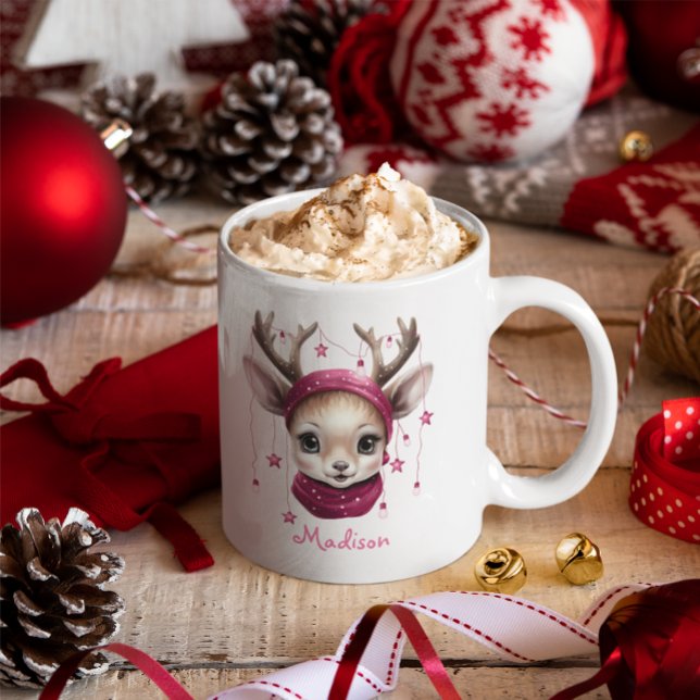 Pink Reindeer Personalized Kids Mug (Cute Christmas Mug
)