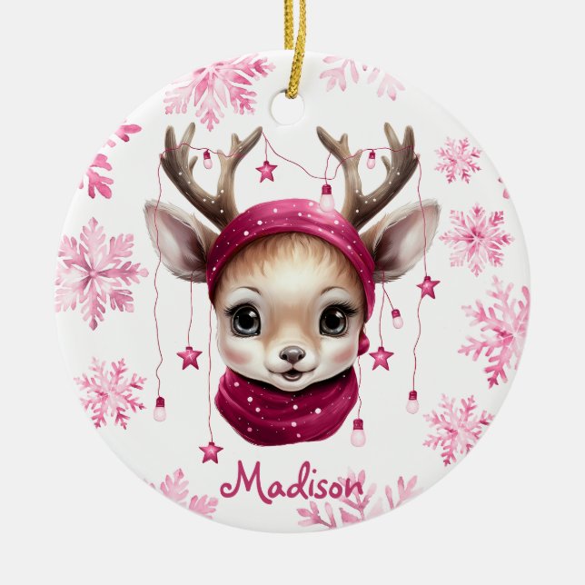 Pink Reindeer Personalized Kids Mug Ceramic Ornament (Front)