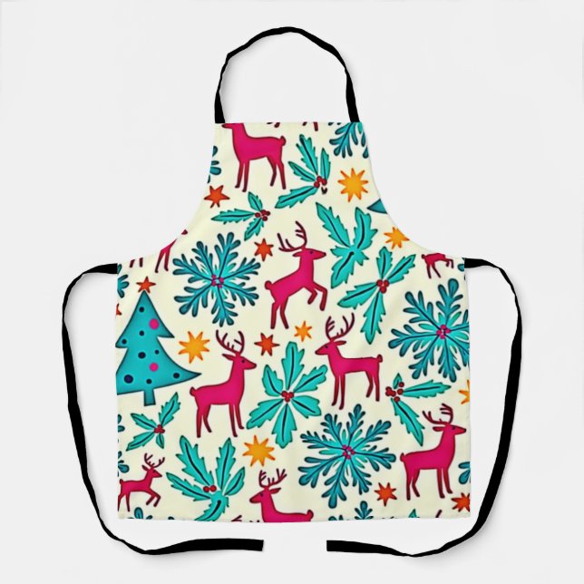 Pink Reindeer Teal Tree Pattern Design Apron (Front)