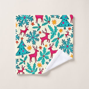 Pink Reindeer Teal Tree Pattern Design Bath Towel Set