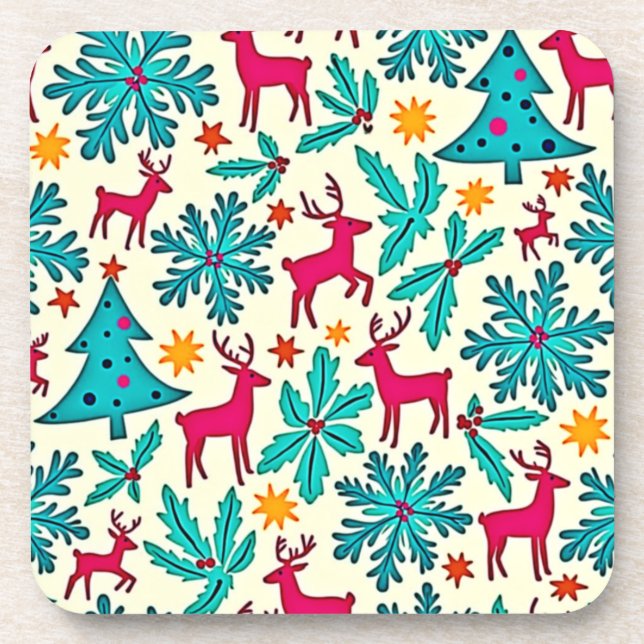 Pink Reindeer Teal Tree Pattern Design Beverage Coaster (Front)