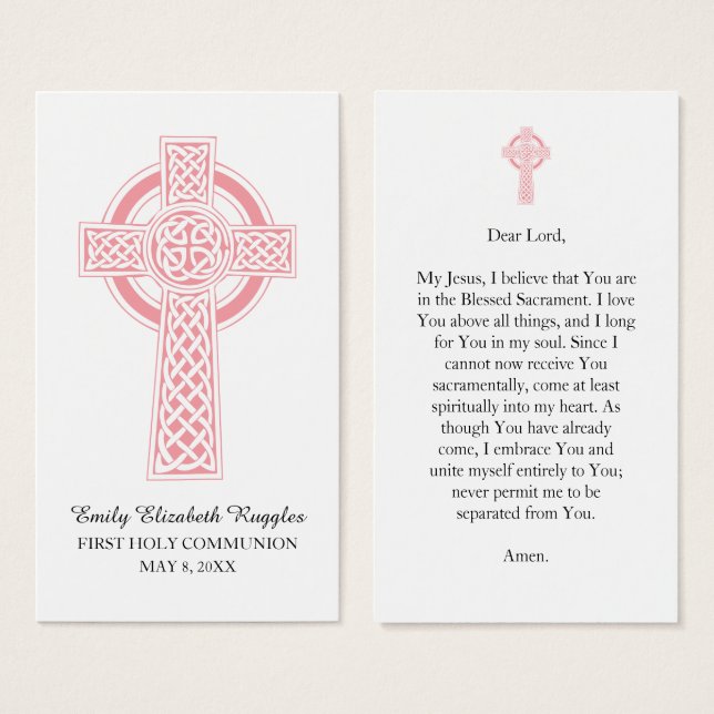Pink Religious Cross First Communion Prayer Card (Front & Back)