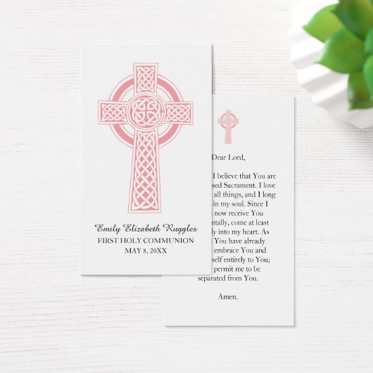 Pink Religious Cross First Communion Prayer Card (Desk)