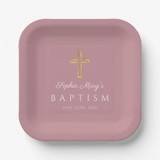 Pink Religious Cross Girl Baptism Paper Plates (Front)