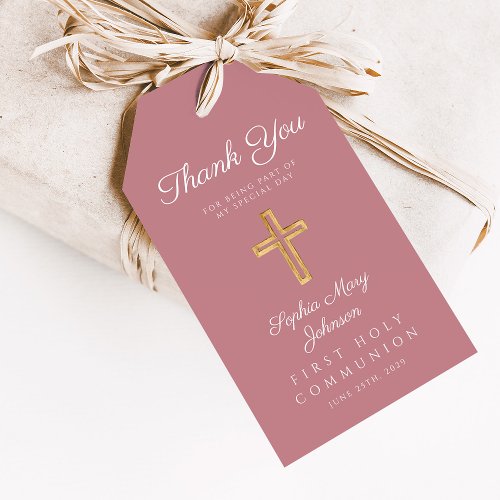 Pink Religious Cross Girl First Communion Gift Tags