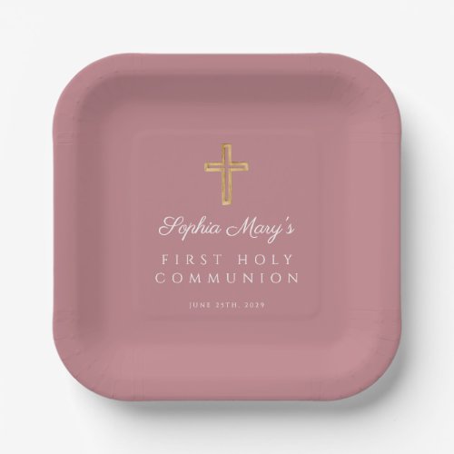 Pink Religious Cross Girl First Communion Paper Plates
