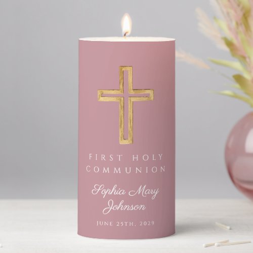 Pink Religious Cross Girl First Communion Pillar Candle