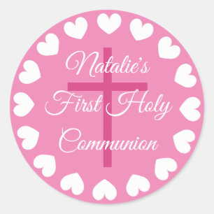 Pink religious cross girl's first holy communion classic round sticker