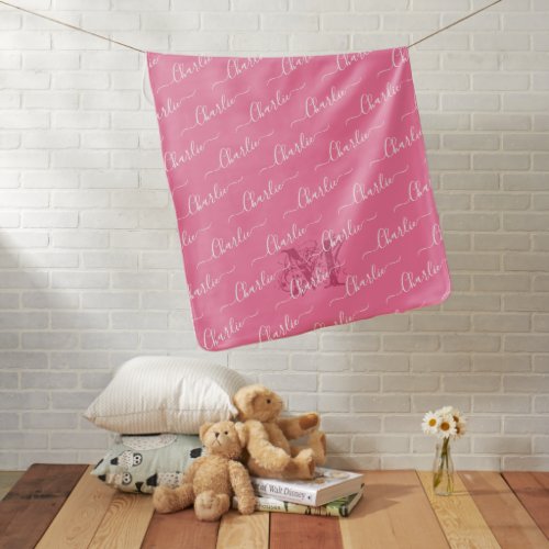 Pink repeat personalized name script with monogram baby blanket