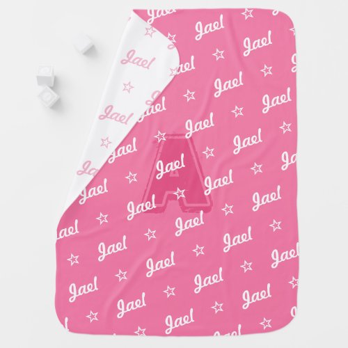 Pink repeat personalized name script with monogram baby blanket