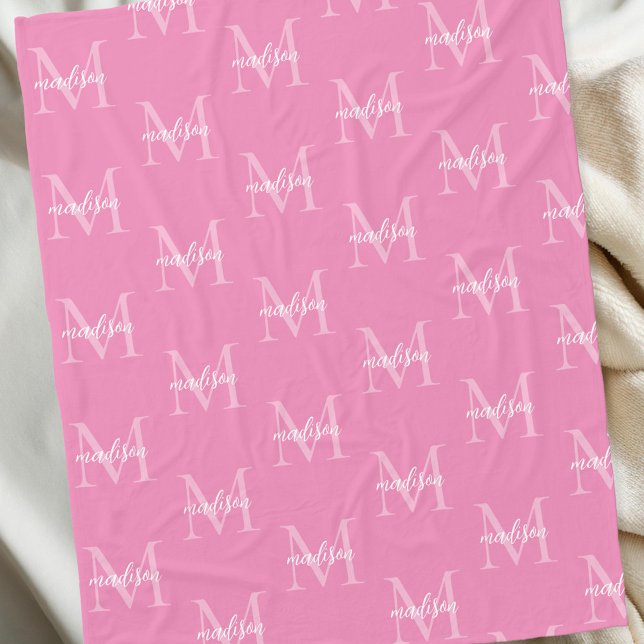 Pink Repeating Monogram Personalized Name Fleece Blanket (Creator Uploaded)