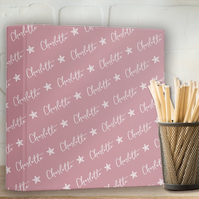 Pink Repeating Name Monogram Star Girl 3 Ring Binder (Creator Uploaded)