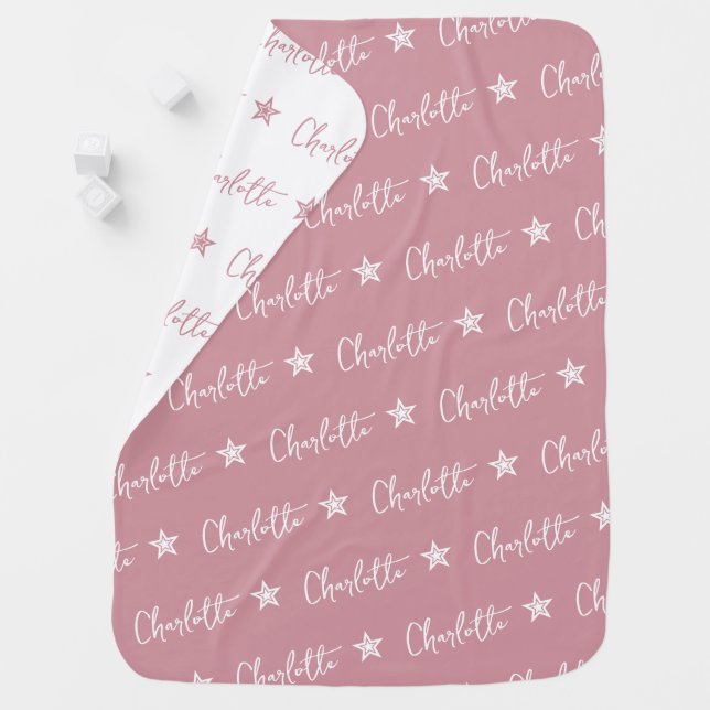 Pink Repeating Name Monogram Star Girl Baby Blanket (In Situ)