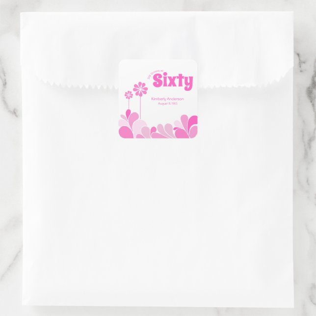 Pink Retro 60th Birthday Party Square Sticker (Bag)