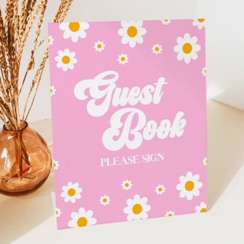Pink Retro 70s Daisy Flower Guest Book Party Sign