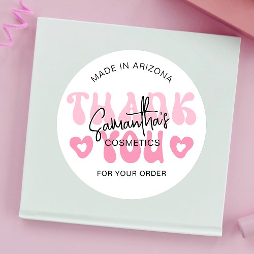 Pink Retro 70s Groovy Font Thank You Business Name Classic Round Sticker