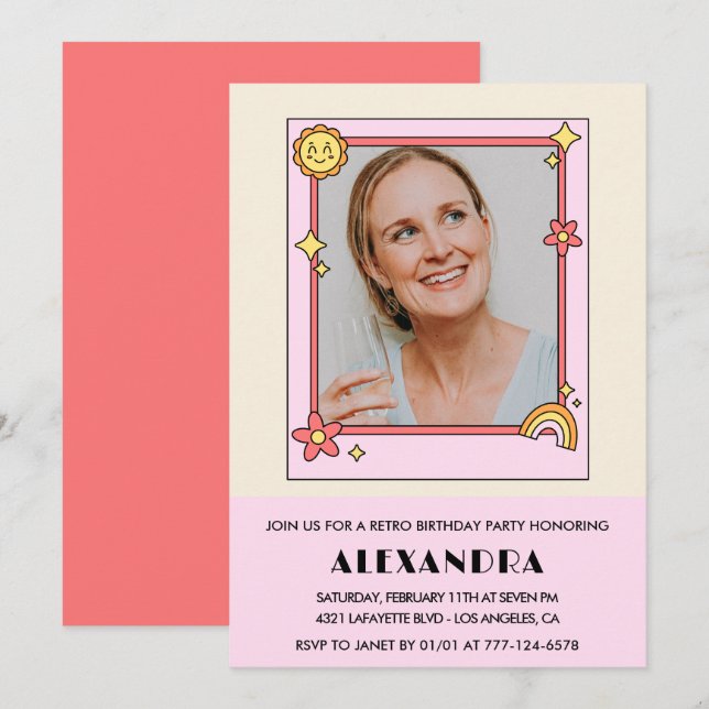  Pink Retro 70s Groovy Photo 42nd birthday Invitation (Front/Back)