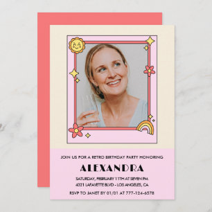 Pink Retro 70s Groovy Photo 46th birthday Invitation