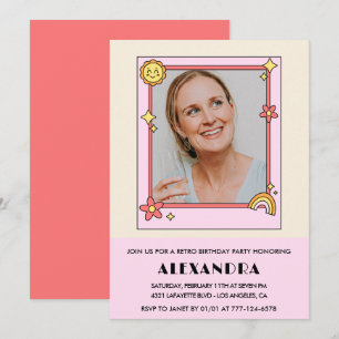  Pink Retro 70s Groovy Photo 69th birthday Invitation