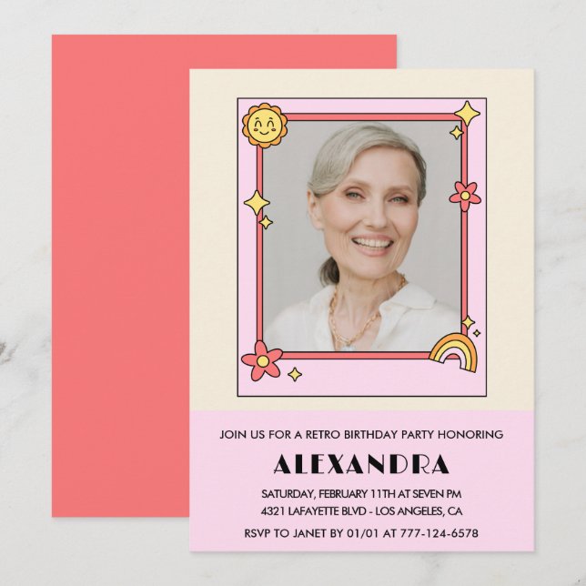  Pink Retro 70s Groovy Photo 73rd birthday Invitation (Front/Back)