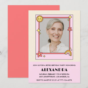  Pink Retro 70s Groovy Photo 76th birthday Invitation