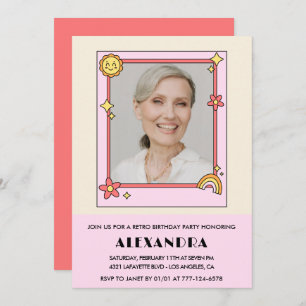 Pink Retro 70s Groovy Photo 87th birthday Invitation