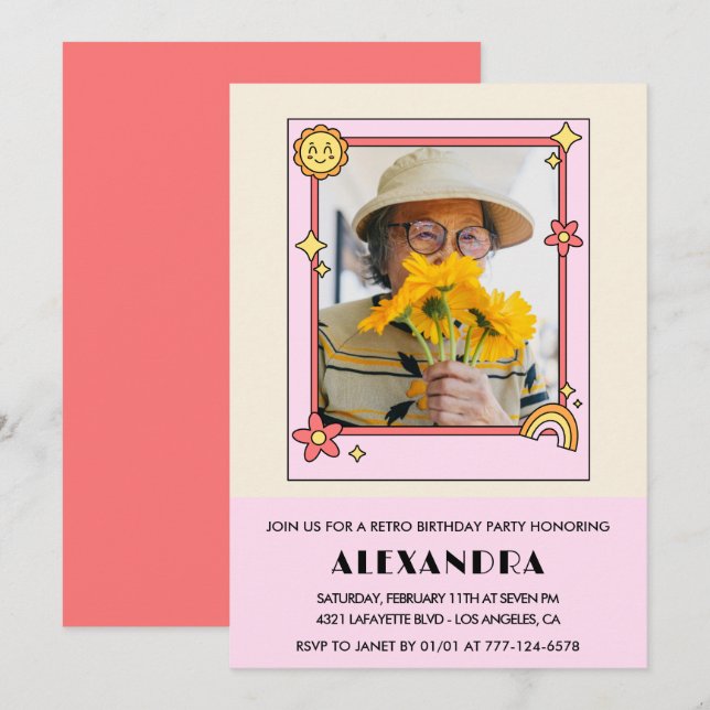  Pink Retro 70s Groovy Photo 98th birthday Invitation (Front/Back)